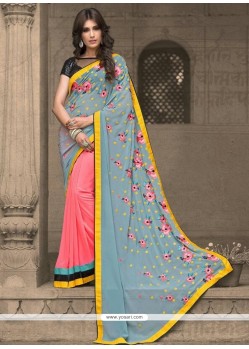 Tantalizing Grey And Pink Embroidered Work Georgette Designer Traditional Saree