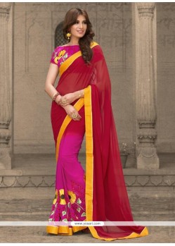 Festal Embroidered Work Hot Pink And Red Classic Saree