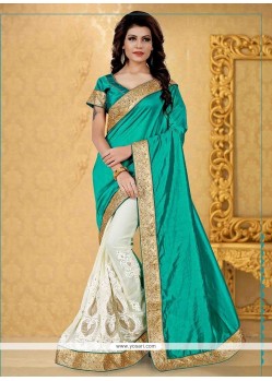 Spectacular Off White And Sea Green Banglori Silk Designer Traditional Saree