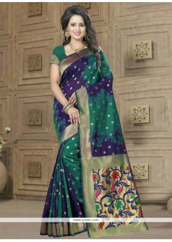 Remarkable Green And Navy Blue Weaving Work Traditional Designer Saree