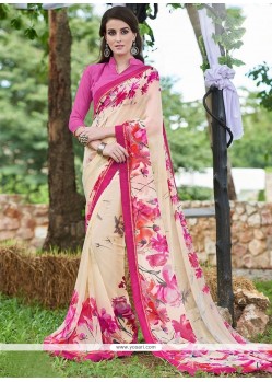 Auspicious Cream And Hot Pink Print Work Printed Saree