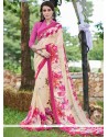 Auspicious Cream And Hot Pink Print Work Printed Saree