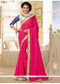 Noble Faux Georgette Hot Pink Patch Border Work Classic Saree
