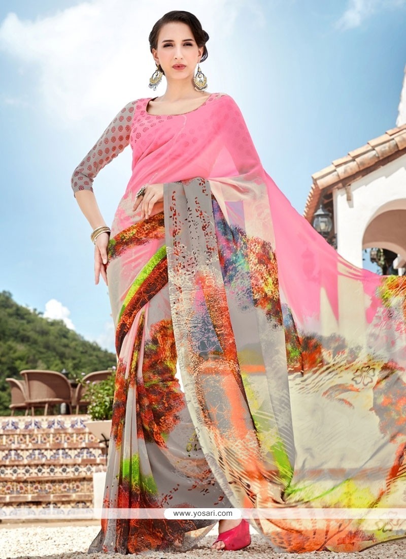 Peach and Multi Colored Printed Saree in Muslin with Applique On Border