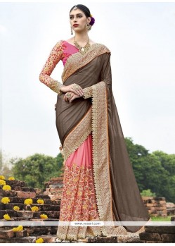 Patch Border Fancy Fabric Classic Designer Saree In Brown And Peach