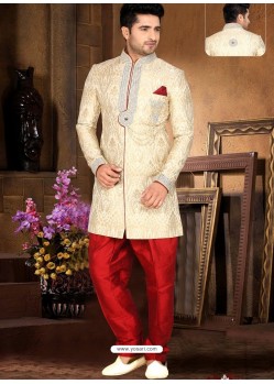 Invaluable Beigish Brocade Sherwani