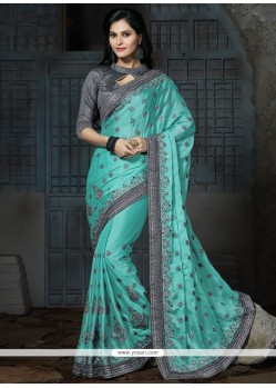 Pristine Turquoise Embroidered Work Chiffon Satin Classic Designer Saree