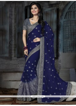Magnetic Grey And Navy Blue Net Classic Designer Saree