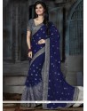 Magnetic Grey And Navy Blue Net Classic Designer Saree
