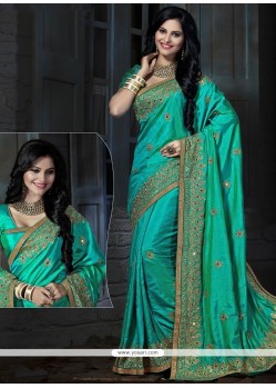 Remarkable Sea Green Patch Border Work Art Silk Traditional Saree