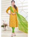 Pretty Lace Work Yellow Churidar Designer Suit