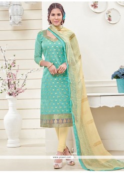 Sensible Turquoise Lace Work Banarasi Silk Churidar Designer Suit