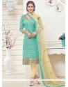 Sensible Turquoise Lace Work Banarasi Silk Churidar Designer Suit