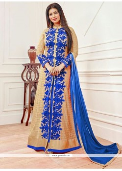 Ayesha Takia Beige And Blue Resham Work Designer Floor Length Salwar Suit