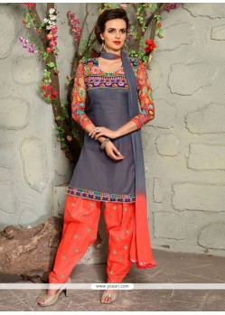 Engrossing Embroidered Work Grey Punjabi Suit