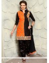 Exceptional Embroidered Work Black And Orange Cotton Punjabi Suit