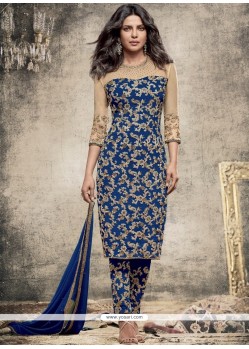 Priyanka Chopra Embroidered Work Blue Pant Style Suit