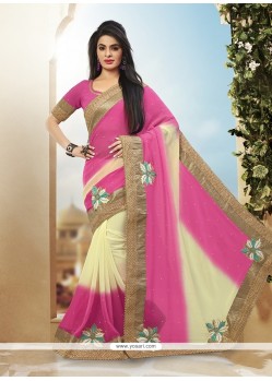 Chic Cream And Pink Patch Border Work Faux Georgette Classic Designer Saree