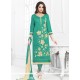 Dignified Green Embroidered Work Cotton Churidar Suit