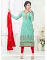 Engrossing Red And Turquoise Embroidered Work Faux Georgette Churidar Designer Suit