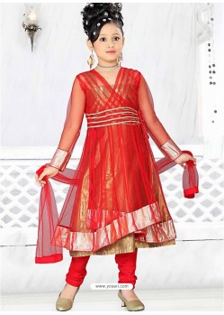 Girls Incredible Red Art Silk in Without Work Readymade Salwar Kameez