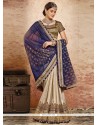 Eye-catchy Beige And Navy Blue Embroidered Work Viscose Classic Designer Saree