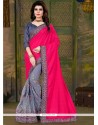 Distinguishable Grey And Hot Pink Embroidered Work Art Silk Traditional Saree