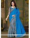 Adorable Embroidered Work Blue And Grey Traditional Saree