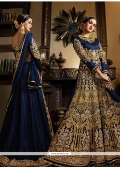 Conspicuous Banarasi Silk Navy Blue Designer Floor Length Suit