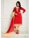 Baronial Embroidered Work Chanderi Cream And Red Churidar Suit