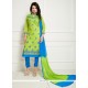 Praiseworthy Embroidered Work Blue And Green Chanderi Churidar Suit