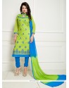 Praiseworthy Embroidered Work Blue And Green Chanderi Churidar Suit