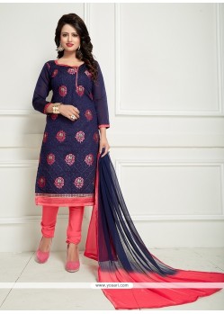 Beauteous Chanderi Navy Blue And Rose Pink Embroidered Work Churidar Suit