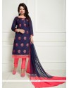 Beauteous Chanderi Navy Blue And Rose Pink Embroidered Work Churidar Suit