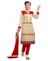 Sterling Embroidered Work Cream And Red Churidar Suit
