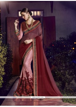 Imposing Maroon And Pink Patch Border Work Fancy Fabric Designer Half N Half Saree