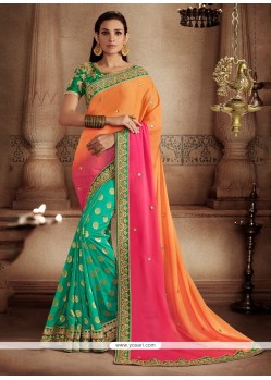 Majestic Hot Pink, Orange And Sea Green Designer Half N Half Saree