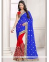 Chic Faux Georgette Blue And Red Half N Half Saree