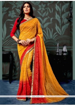 Awesome Faux Chiffon Mustard And Red Lace Work Printed Saree