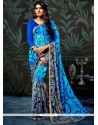 Titillating Blue And Grey Lace Work Printed Saree
