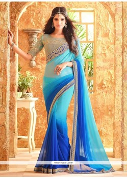 Entrancing Blue Embroidered Work Shaded Saree