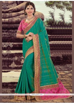Chic Green Embroidered Work Art Silk Designer Traditional Saree