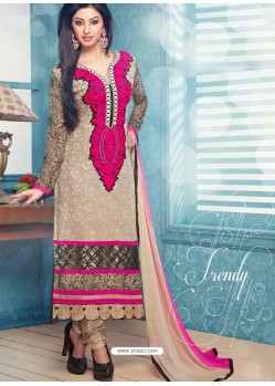 Cream And Pink Georgette Churidar Suit