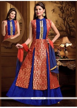 Blissful Lace Work Blue And Red Dupion Silk Long Choli Lehenga