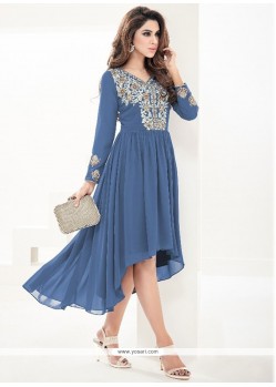 Preferable Blue Embroidered Work Faux Georgette Party Wear Kurti