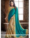 Charismatic Patch Border Work Beige And Sea Green Faux Crepe Contemporary Saree