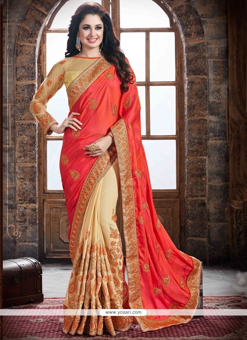 Beige And Orange Embroidered Work Crepe Silk Traditional Saree