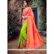 Distinctive Green And Orange Zari Work Tussar Silk Designer Half N Half Saree