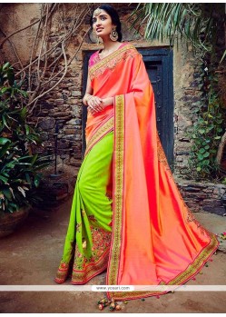 Distinctive Green And Orange Zari Work Tussar Silk Designer Half N Half Saree