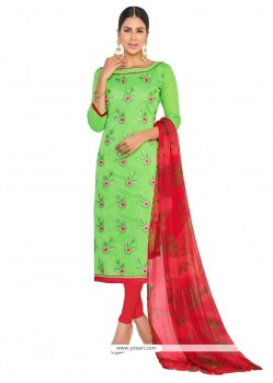 Fabulous Embroidered Work Green Churidar Suit